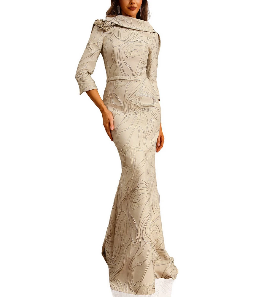 Terani Couture Cowl Back 3/4 Sleeves Jacquard Sheath Gown