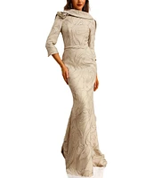 Terani Couture Cowl Back 3/4 Sleeves Jacquard Sheath Gown