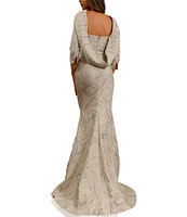 Terani Couture Cowl Back 3/4 Sleeves Jacquard Sheath Gown