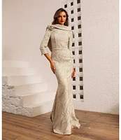 Terani Couture Cowl Back 3/4 Sleeves Jacquard Sheath Gown