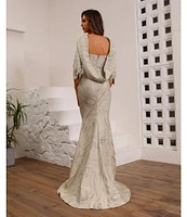 Terani Couture Cowl Back 3/4 Sleeves Jacquard Sheath Gown