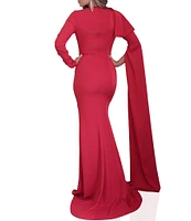 Terani Couture Crepe Crew Neck Long Sleeve Drape Sleeve Gown