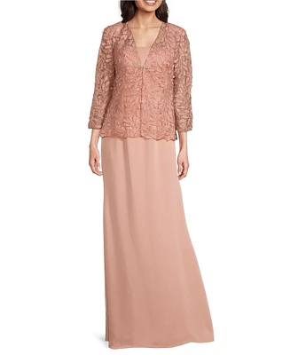 Terani Couture Crepe Straight Neck Long Sleeve Beaded 3D Petal Removeable Jacket Gown