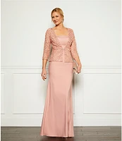 Terani Couture Crepe Straight Neck Long Sleeve Beaded 3D Petal Removeable Jacket Gown
