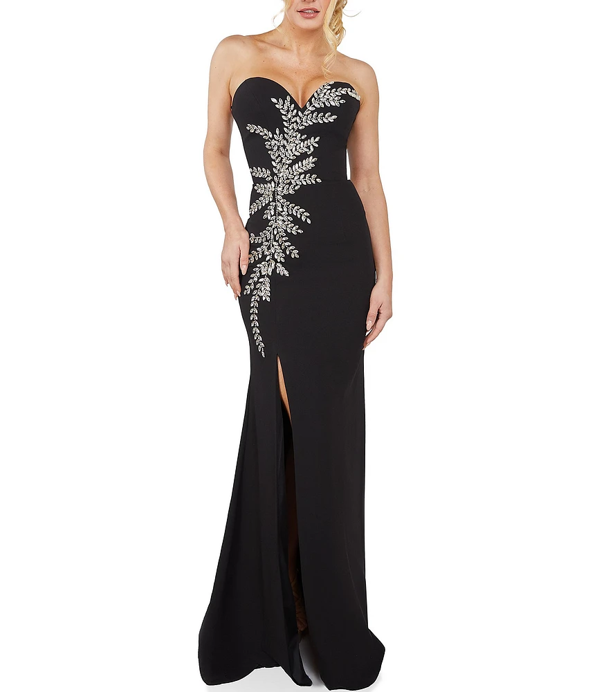 Terani Couture Crepe Strapless Sweetheart Neck Sleeveless Beaded Side Slit Gown