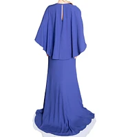 Terani Couture Crepe V Neckline Cape Back Rosette Waist Gown