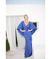 Terani Couture Crepe V Neckline Cape Back Rosette Waist Gown
