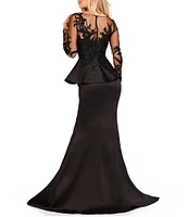 Terani Couture Embroidered Illusion Round Neck Long Sleeve Front Slit Ruffled Mermaid Gown