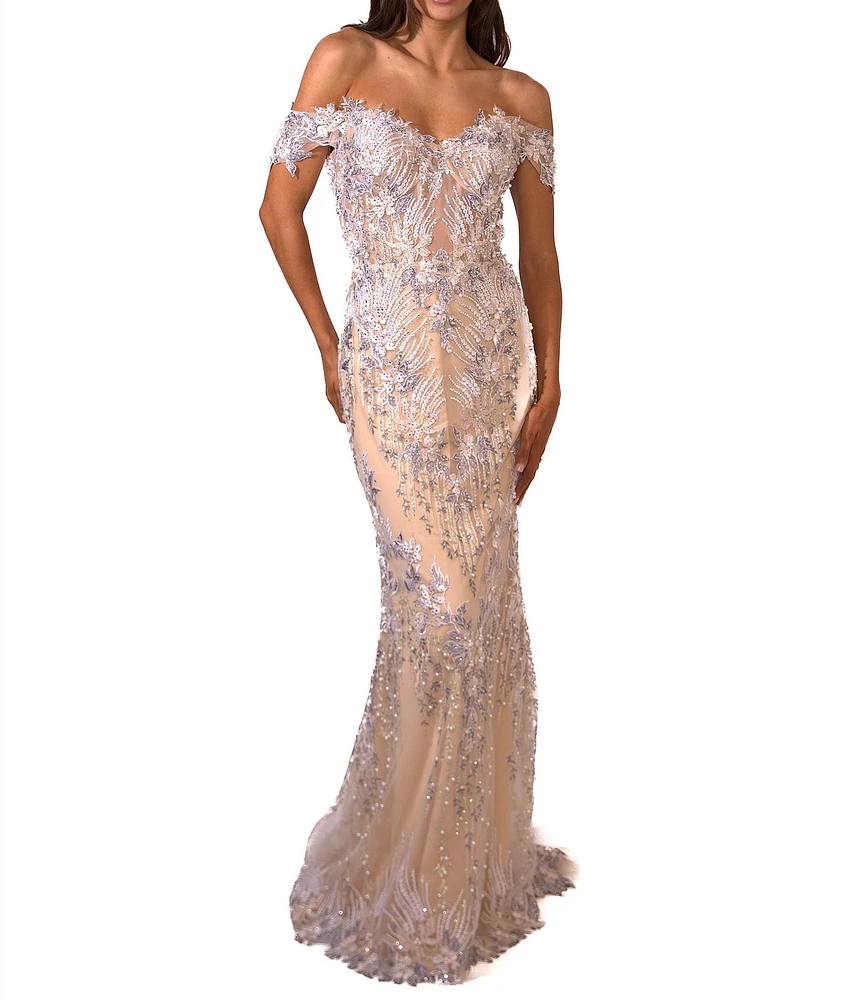 Terani Couture Embroidered Sequin Off-The-Shoulder Neck Short Sleeve Gown
