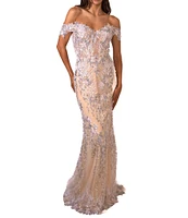 Terani Couture Embroidered Sequin Off-The-Shoulder Neck Short Sleeve Gown