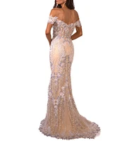 Terani Couture Embroidered Sequin Off-The-Shoulder Neck Short Sleeve Gown
