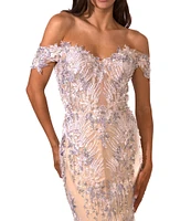 Terani Couture Embroidered Sequin Off-The-Shoulder Neck Short Sleeve Gown