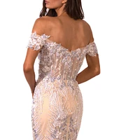 Terani Couture Embroidered Sequin Off-The-Shoulder Neck Short Sleeve Gown