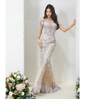 Terani Couture Embroidered Sequin Off-The-Shoulder Neck Short Sleeve Gown