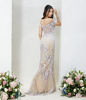 Terani Couture Embroidered Sequin Off-The-Shoulder Neck Short Sleeve Gown