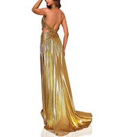 Terani Couture Halter Deep V-Neck Side Cut Out Foiled Chiffon A-Line Gown
