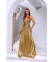 Terani Couture Halter Deep V-Neck Side Cut Out Foiled Chiffon A-Line Gown