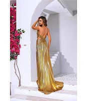 Terani Couture Halter Deep V-Neck Side Cut Out Foiled Chiffon A-Line Gown