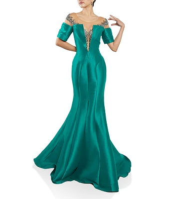 Terani Couture Illusion Off Shoulder Stretch Mikado Mermaid Gown