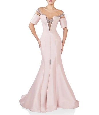 Terani Couture Illusion Off Shoulder Stretch Mikado Mermaid Gown