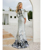 Terani Couture Jacquard Floral Off-the-Shoulder Long Sleeve Side Ruffle Feather Gown