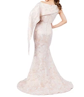 Terani Couture Jacquard One Shoulder Cape Back Mermaid Gown