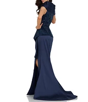 Terani Couture Lace Sweetheart Neck Cap Sleeve Front Slit Mermaid Gown