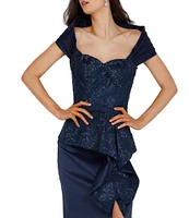 Terani Couture Lace Sweetheart Neck Cap Sleeve Front Slit Mermaid Gown