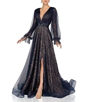 Terani Couture Lace V-Neck Long Sleeve Gown