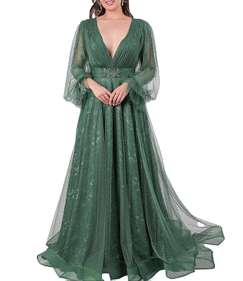 Terani Couture Lace V-Neck Long Sleeve Gown