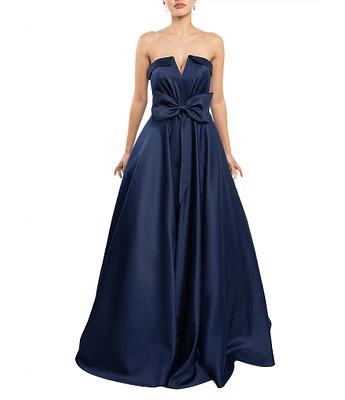 Terani Couture Matte Satin Strapless Bow Front Pocket Ball Gown