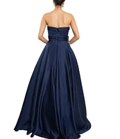 Terani Couture Matte Satin Strapless Bow Front Pocket Ball Gown