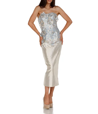 Terani Couture Metallic 3D Floral Embellished Strapless Midi Dress