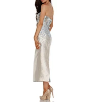 Terani Couture Metallic 3D Floral Embellished Strapless Midi Dress