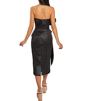 Terani Couture Metallic Strapless Sleeveless Ruffle Bodice Peplum Waist Midi Sheath Dress