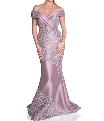 Terani Couture Mikado 3D Floral Embroidered Off-the-Shoulder Cap Sleeve Mermaid Gown