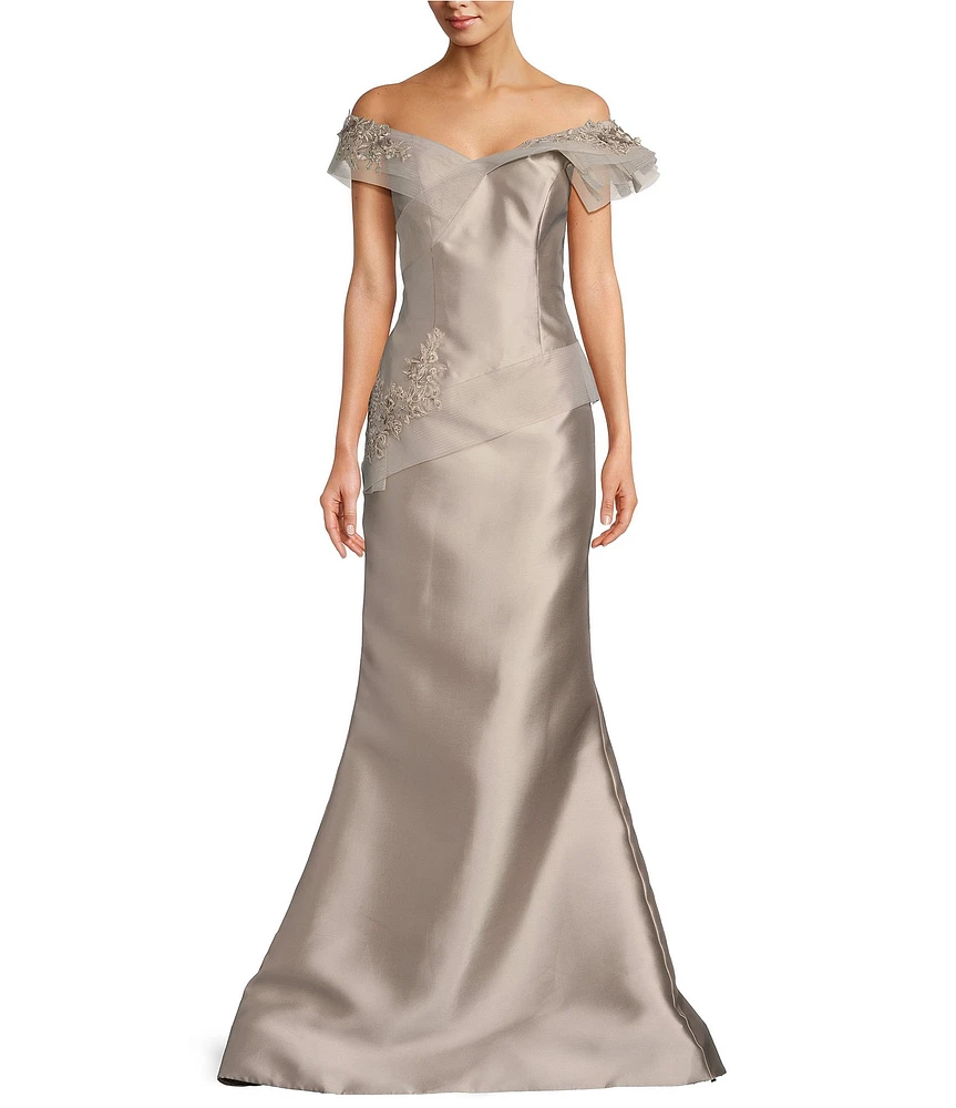 Terani Couture Mikado Applique V-Neck Off-the-Shoulder Flutter Sleeve Mermaid Gown