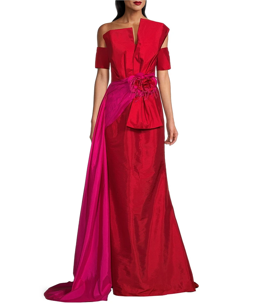 Terani Couture Mikado Asymmetrical One Shoulder Short Sleeve Bow Sash Gown