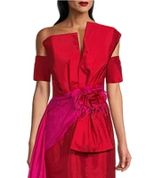 Terani Couture Mikado Asymmetrical One Shoulder Short Sleeve Bow Sash Gown