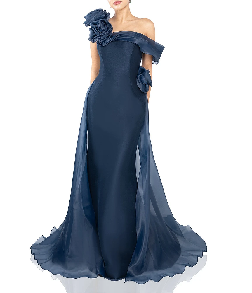 Terani Couture Mikado One Shoulder Rosette Applique Train Gown