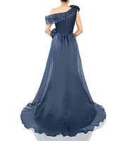 Terani Couture Mikado One Shoulder Rosette Applique Train Gown