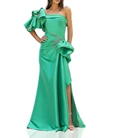 Terani Couture Mikado One Shoulder Ruffle Sleeve Sequin Applique Gathered Side Slit Gown