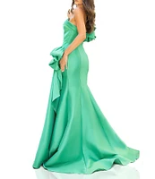 Terani Couture Mikado One Shoulder Ruffle Sleeve Sequin Applique Gathered Side Slit Gown