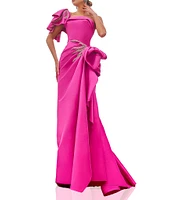 Terani Couture Mikado One Shoulder Ruffle Sleeve Sequin Applique Gathered Side Slit Gown