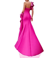 Terani Couture Mikado One Shoulder Ruffle Sleeve Sequin Applique Gathered Side Slit Gown