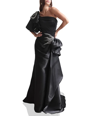 Terani Couture Mikado One Shoulder Ruffle Sleeve Sequin Applique Gathered Side Slit Gown