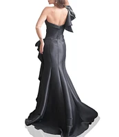 Terani Couture Mikado One Shoulder Ruffle Sleeve Sequin Applique Gathered Side Slit Gown