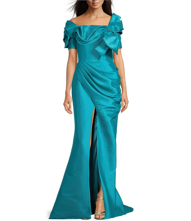 Terani Couture Mikado Ruffle Off the Shoulder Bow Front Short Sleeve Mermaid  Gown | Liberty Center