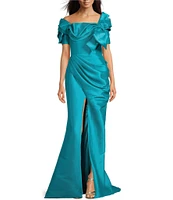 Terani Couture Mikado Ruffle Off the Shoulder Bow Front Short Sleeve Mermaid Gown