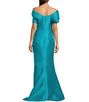 Terani Couture Mikado Ruffle Off the Shoulder Bow Front Short Sleeve Mermaid Gown